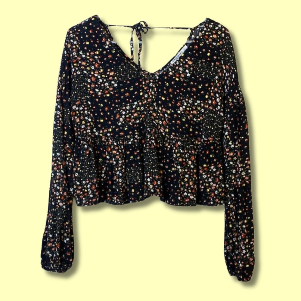 Arizona Jean Company Peplum Long Sleeved V-Neck Floral Multicolor Blouse
